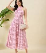 Women checked halter neck a-line cotton midi dress