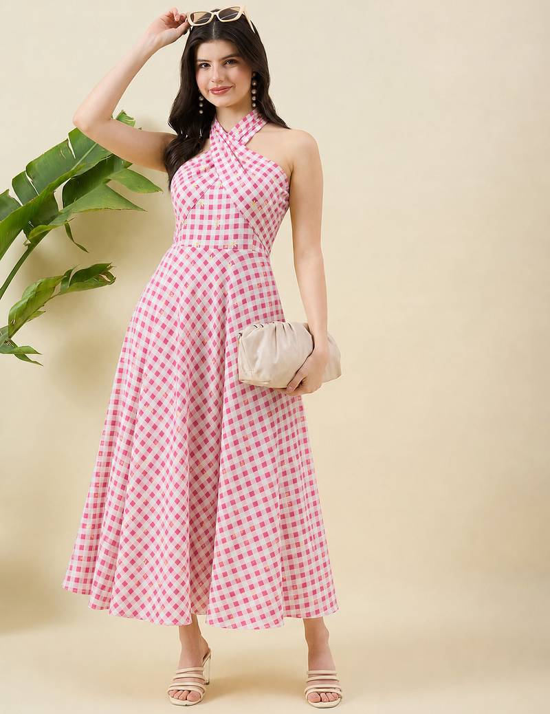 Women checked halter neck a-line cotton midi dress