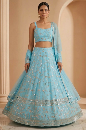 Skyblue Embroidered Georgette Lehenga Choli Dupatta
