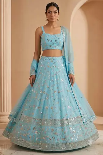 Skyblue Embroidered Georgette Lehenga Choli Dupatta