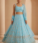 Skyblue Embroidered Georgette Lehenga Choli Dupatta