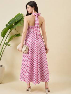 Women checked halter neck a-line cotton midi dress 2