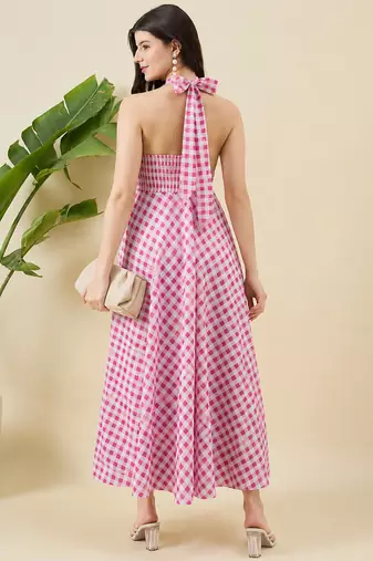 Women checked halter neck a-line cotton midi dress