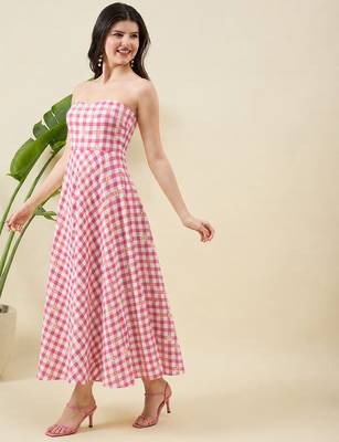 Women checked halter neck a-line cotton midi dress 4
