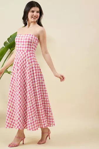Women checked halter neck a-line cotton midi dress