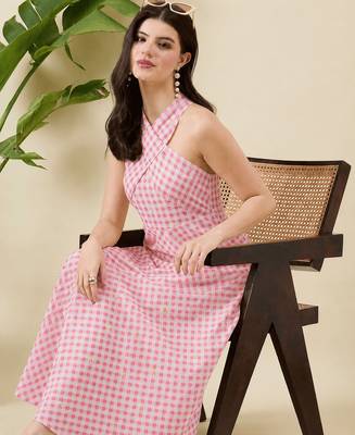 Women checked halter neck a-line cotton midi dress 5
