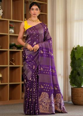 iara silk blend saree with contrast blouse piece hand embroidery 1