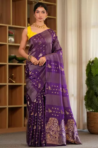iara silk blend saree with contrast blouse piece hand embroidery