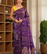 iara silk blend saree with contrast blouse piece hand embroidery