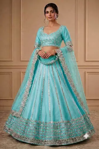 skyblue foil mirror embroidered net lehenga choli with silk blouse set