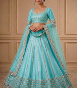 skyblue foil mirror embroidered net lehenga choli with silk blouse set