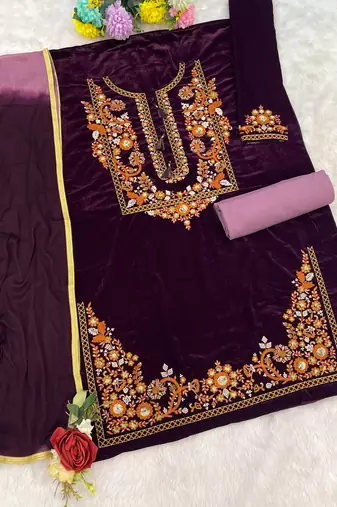 Lavener-puple embroidery sequin & thread work velvet salwar suit