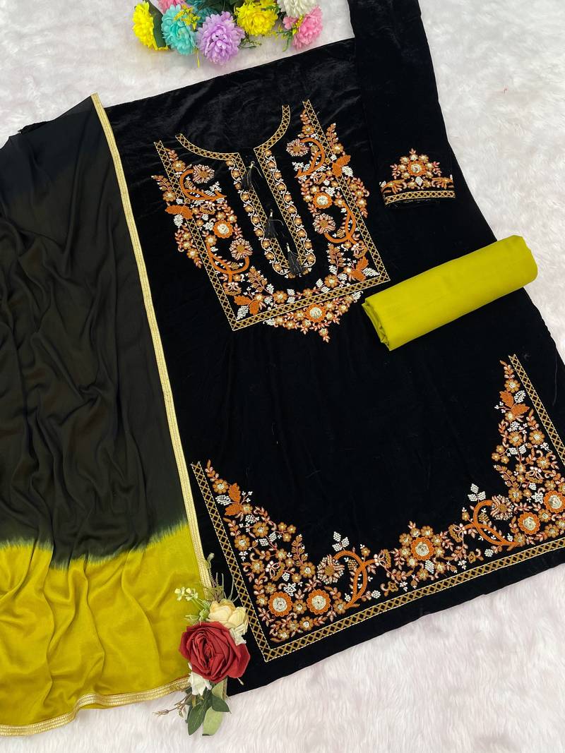 Mustard-black embroidery sequin & thread work velvet salwar suit