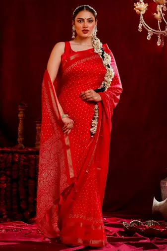Radha- Bandhani chiffon saree Hand Embroidery