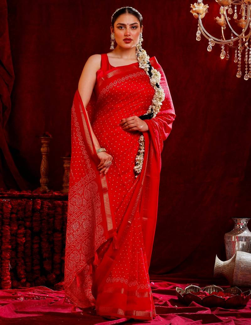 Radha- Bandhani chiffon saree Hand Embroidery