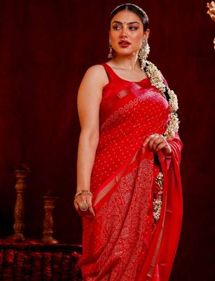 Radha- Bandhani chiffon saree Hand Embroidery 2