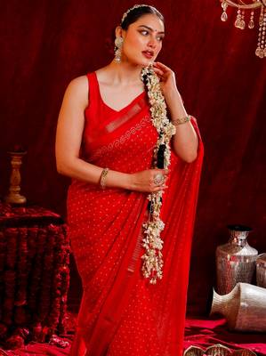 Radha- Bandhani chiffon saree Hand Embroidery 4