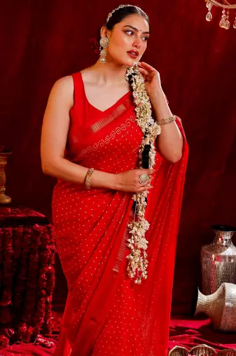 Radha- Bandhani chiffon saree Hand Embroidery