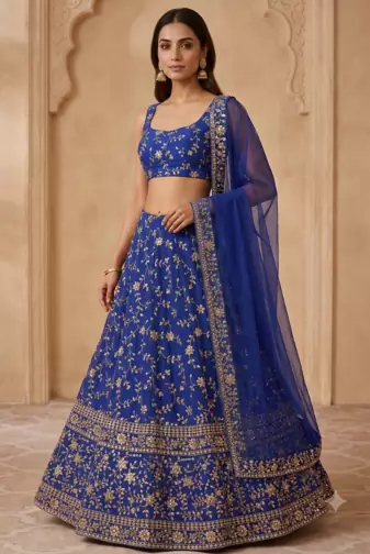 ROYAL BLUE EMBROIDERED GEORGETTE FLAIRED LEHENGA CHOLI WITH DUPATTA