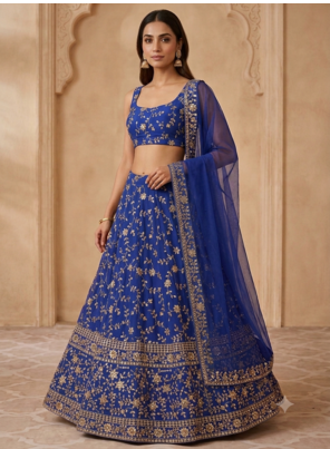 ROYAL BLUE EMBROIDERED GEORGETTE FLAIRED LEHENGA CHOLI WITH DUPATTA 1