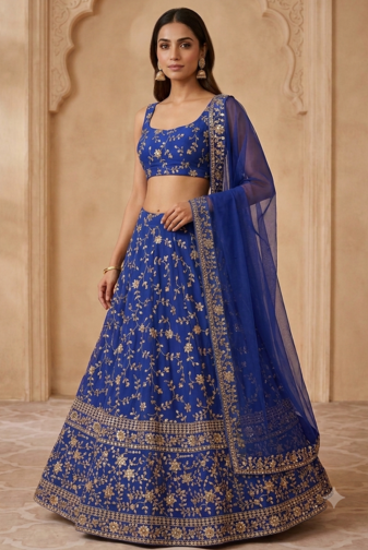 ROYAL BLUE EMBROIDERED GEORGETTE FLAIRED LEHENGA CHOLI WITH DUPATTA