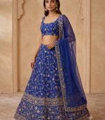 ROYAL BLUE EMBROIDERED GEORGETTE FLAIRED LEHENGA CHOLI WITH DUPATTA