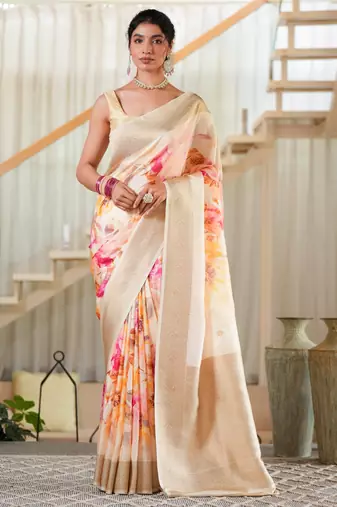 ruchir     tussar with flower print hand embroidery