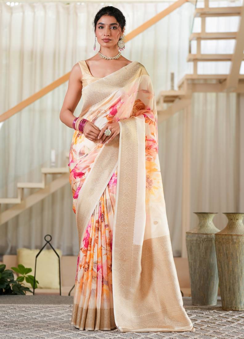 ruchir     tussar with flower print hand embroidery