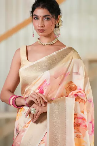 ruchir     tussar with flower print hand embroidery