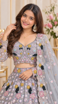 Grey Color Multi Thread Embroidery,Dori And Sequins Work Butterfly Net Lehenga Choli  1