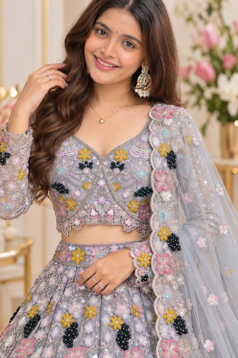 Grey Color Multi Thread Embroidery,Dori And Sequins Work Butterfly Net Lehenga Choli 