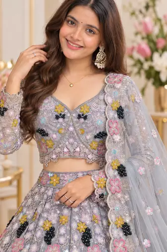 Grey Color Multi Thread Embroidery,Dori And Sequins Work Butterfly Net Lehenga Choli 