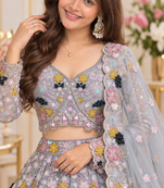 Grey Color Multi Thread Embroidery,Dori And Sequins Work Butterfly Net Lehenga Choli 