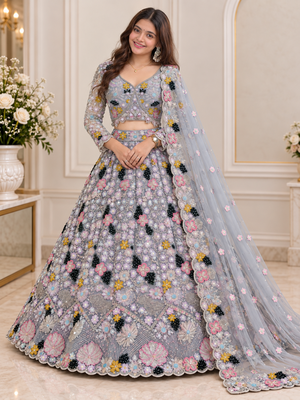 Grey Color Multi Thread Embroidery,Dori And Sequins Work Butterfly Net Lehenga Choli  2