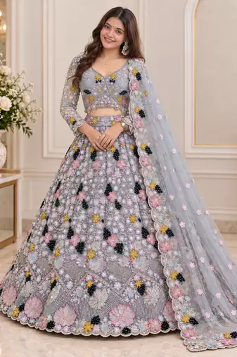 Grey Color Multi Thread Embroidery,Dori And Sequins Work Butterfly Net Lehenga Choli 