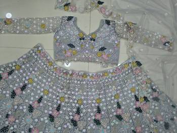 Grey Color Multi Thread Embroidery,Dori And Sequins Work Butterfly Net Lehenga Choli  3