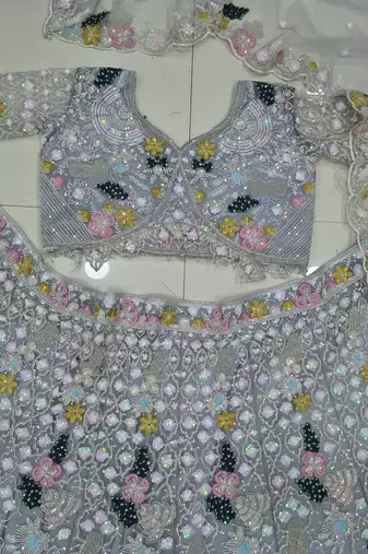 Grey Color Multi Thread Embroidery,Dori And Sequins Work Butterfly Net Lehenga Choli 