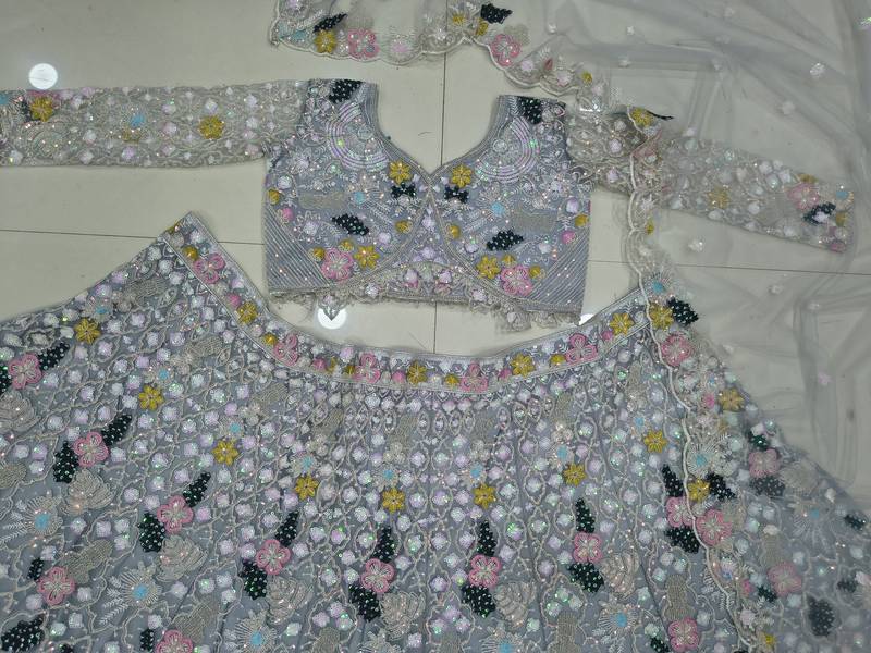 Grey Color Multi Thread Embroidery,Dori And Sequins Work Butterfly Net Lehenga Choli 