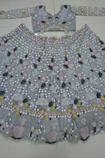 Grey Color Multi Thread Embroidery,Dori And Sequins Work Butterfly Net Lehenga Choli 