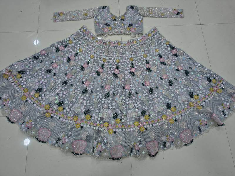 Grey Color Multi Thread Embroidery,Dori And Sequins Work Butterfly Net Lehenga Choli 