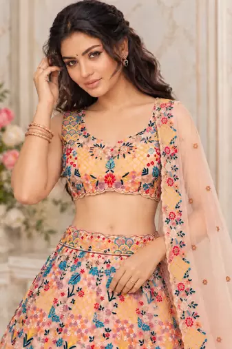 Peach Color Multi Thread Embroidery Work Butterfly Net Lehenga Choli 
