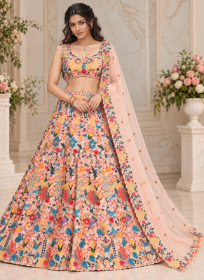 Peach Color Multi Thread Embroidery Work Butterfly Net Lehenga Choli  1