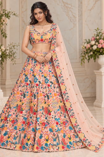 Peach Color Multi Thread Embroidery Work Butterfly Net Lehenga Choli 