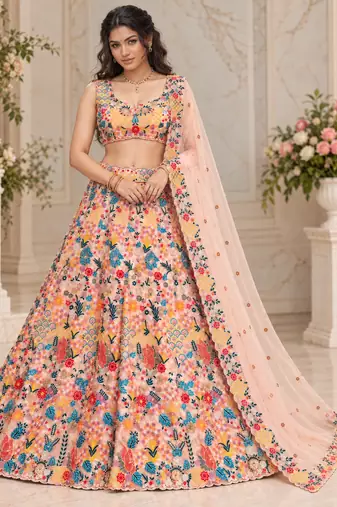 Peach Color Multi Thread Embroidery Work Butterfly Net Lehenga Choli 