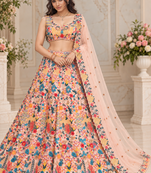 Peach Color Multi Thread Embroidery Work Butterfly Net Lehenga Choli 