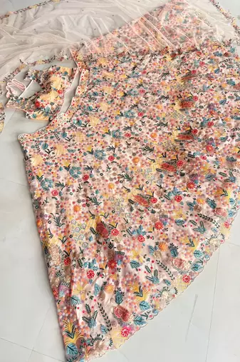 Peach Color Multi Thread Embroidery Work Butterfly Net Lehenga Choli 