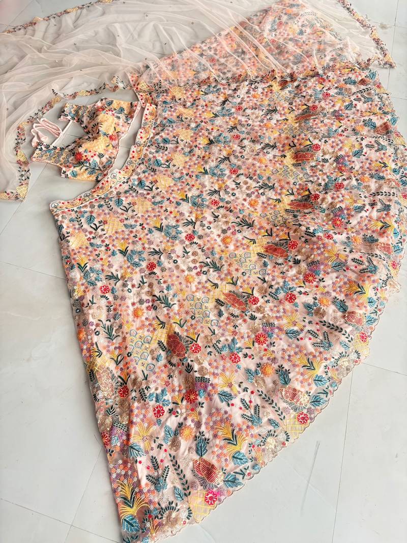 Peach Color Multi Thread Embroidery Work Butterfly Net Lehenga Choli 