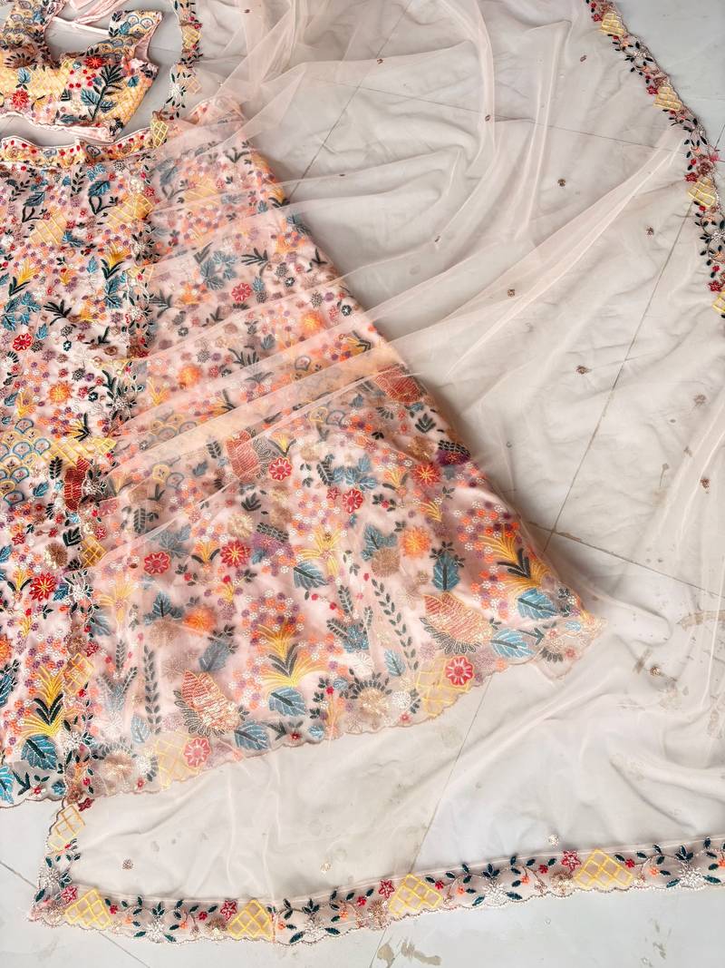 Peach Color Multi Thread Embroidery Work Butterfly Net Lehenga Choli 