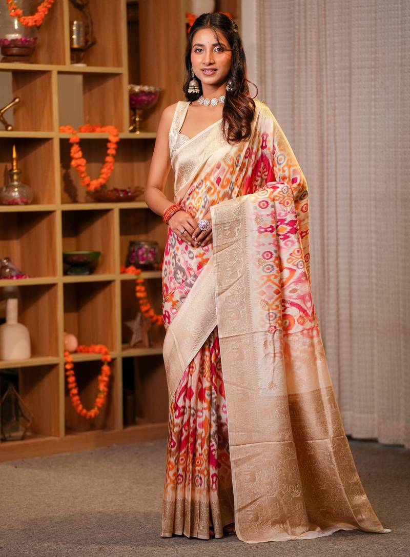 manjari tussar with ikaat print hand embroidery