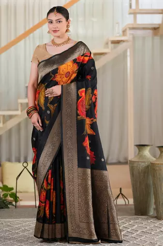 hema tussar with flower print hand embroidery